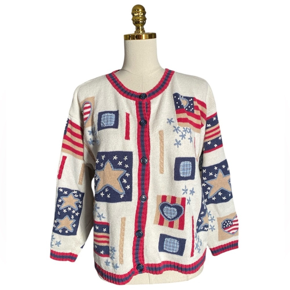 Design Options Philip Jane Gordon Vtg Patriotic Flag Patchwork Novelty Sweater M